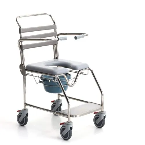 OEM   Commode Chair  Stainless steel Adjustable Armrests Sliding Foot Pedal PU Seat Cushion