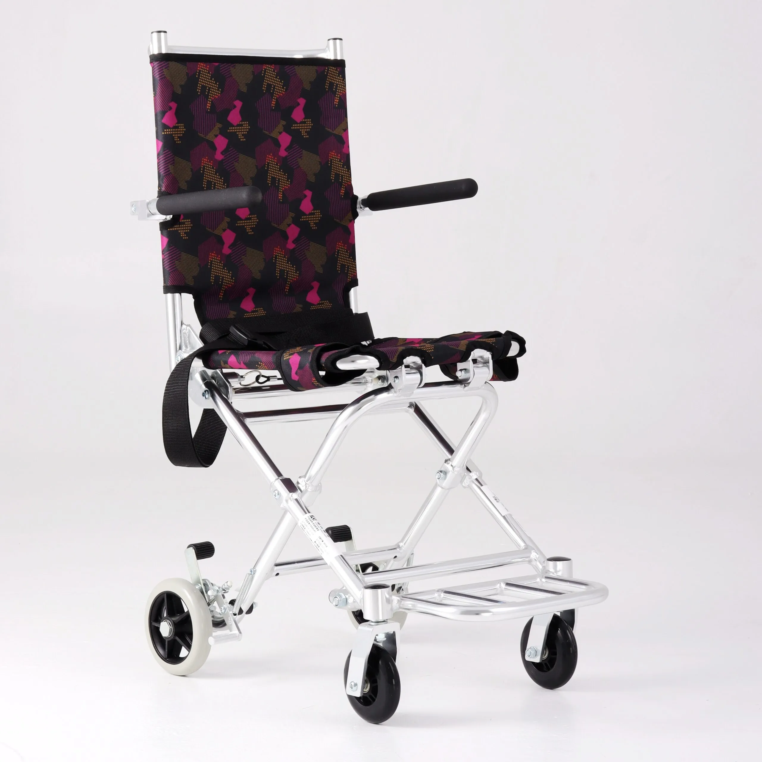 Portable 5.9KG Folding Aluminum Boarding Wheelchair, Pattern Oxford Fabric, 100KG Max Load, Super‑Narrow 380mm, Foot‑Operated Brake for Airport & Travel