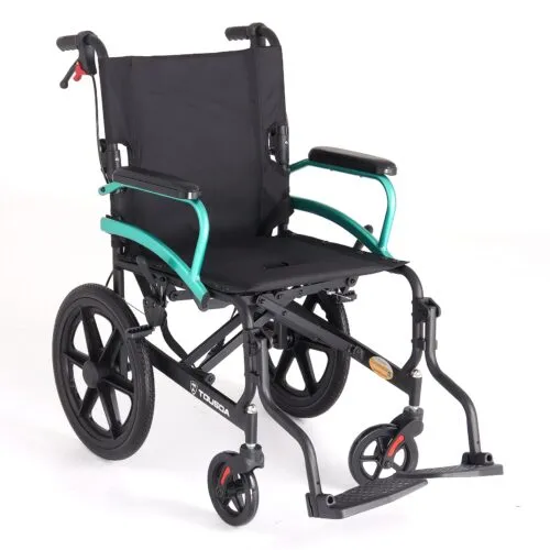Lightweight Folding Aluminum Alloy Transit Wheelchair, Teal‑Green Frame, 16‑inch PU Puncture‑Proof Rear Wheels, Black Oxford Canvas Seat, Faux‑Leather Sponge Flip‑Up Armrests