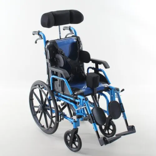 Pediatric High‑Back Self‑Propelled Wheelchair, Blue Frame, Adjustable Headrest, Body Support Harness & Lateral Pads, Elevating Detachable Leg Rests