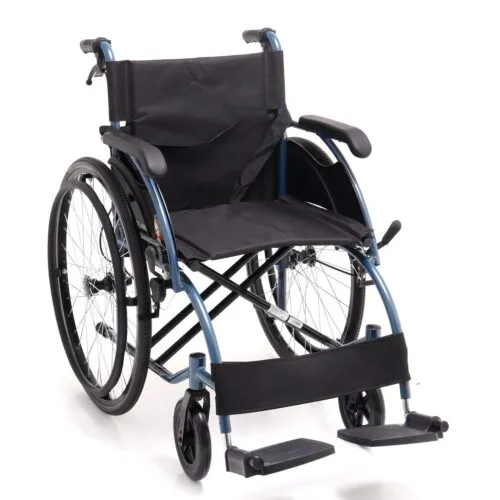 Portable Folding Manual Self‑Propelled Wheelchair, Blue Aluminum Alloy Frame, Black Oxford Fabric, Flip‑Up PU Padded Armrest, TRP Solid & PU Puncture‑Proof Mobility Wheelchair