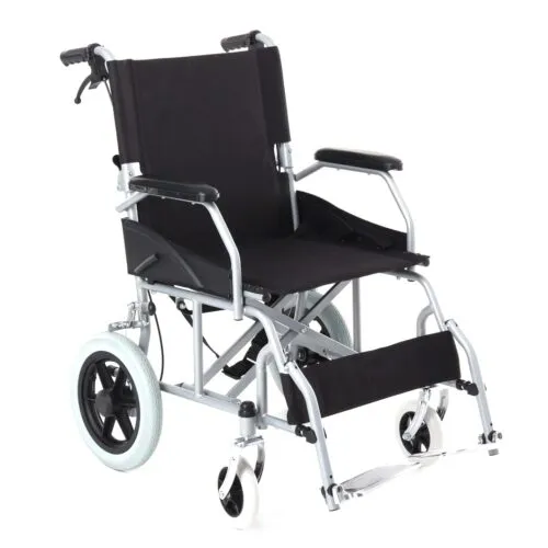 Lightweight Powder‑Coated Steel Transport Wheelchair,12‑inch PU Flat‑Free Rear Wheels,6‑inch PVC Solid Front Casters,Foldable Companion Mobility Chair